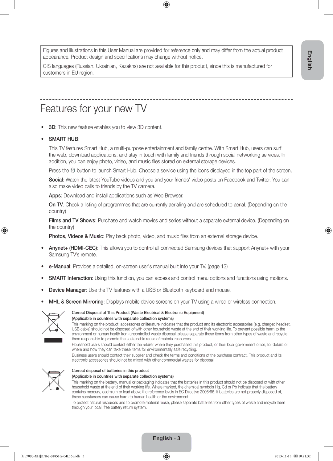 Samsung UE55F7000SLXXH manual Features for your new TV, 3D This new feature enables you to view 3D content, Smart HUB 