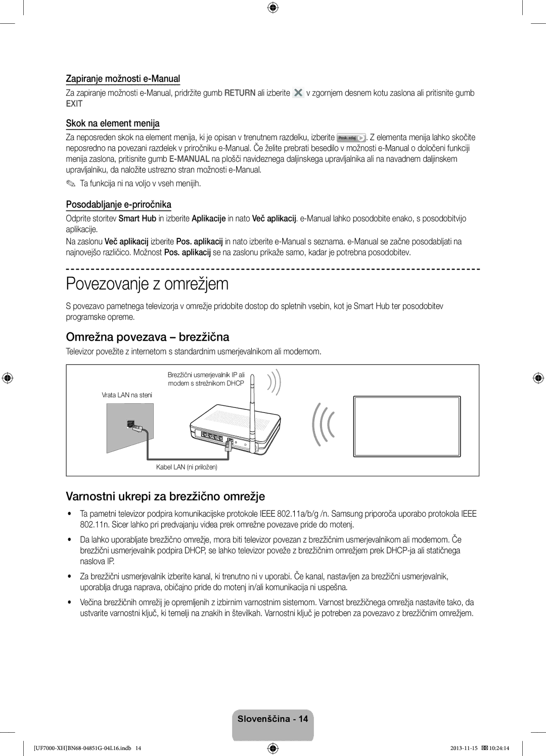 Samsung UE60F7000SLXXH manual Povezovanje z omrežjem, Omrežna povezava brezžična, Varnostni ukrepi za brezžično omrežje 