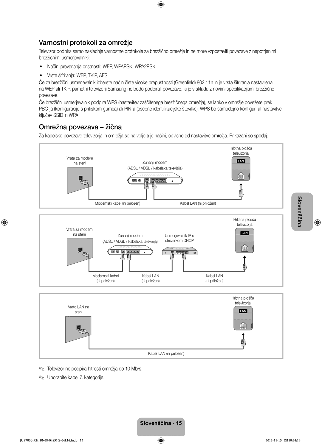 Samsung UE40F7000STXXU, UE46F7000SLXXH, UE40F7000SLXXH manual Varnostni protokoli za omrežje, Omrežna povezava žična 