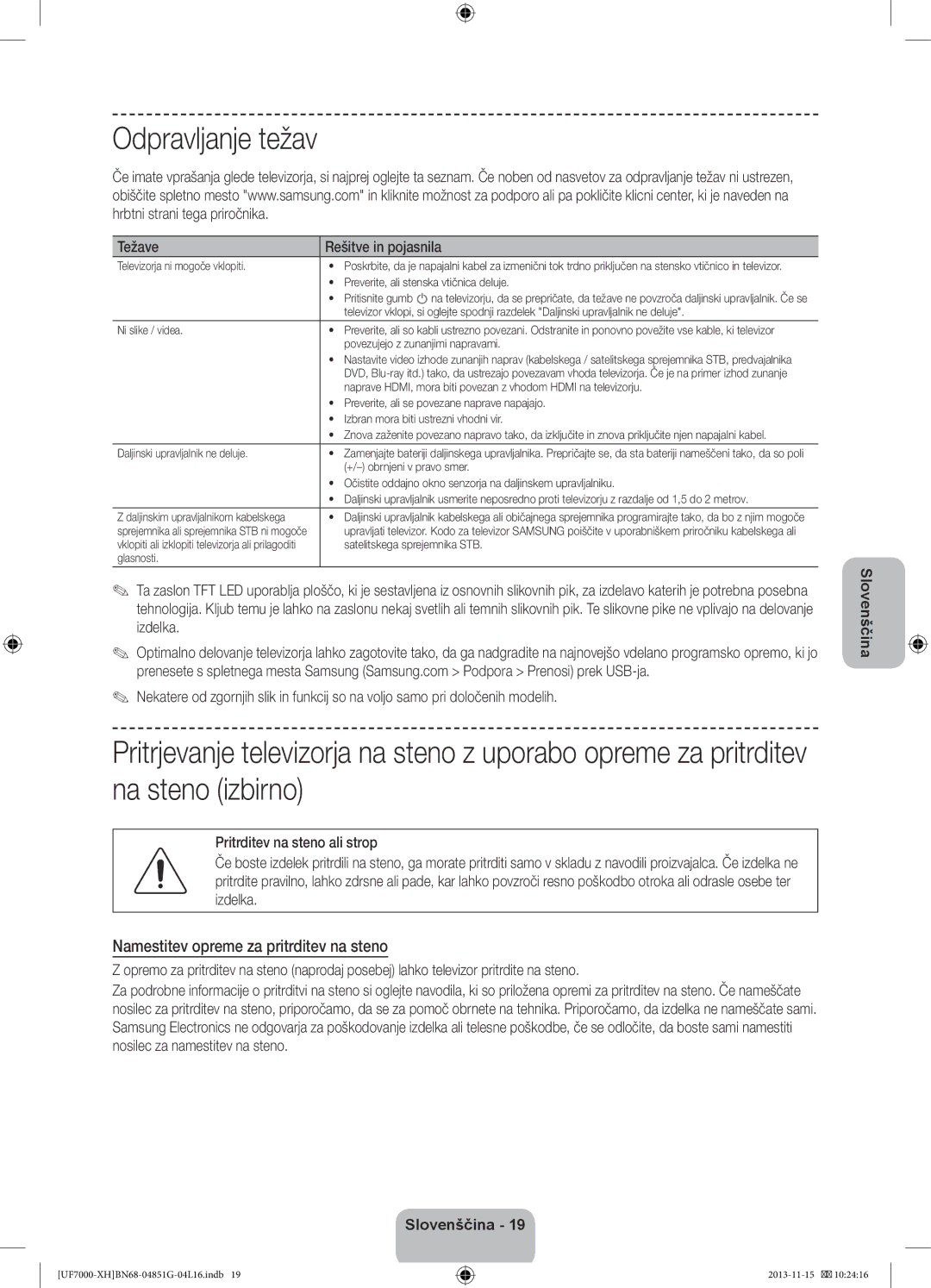 Samsung UE55F7000SLXXH manual Odpravljanje težav, Namestitev opreme za pritrditev na steno, Težave Rešitve in pojasnila 