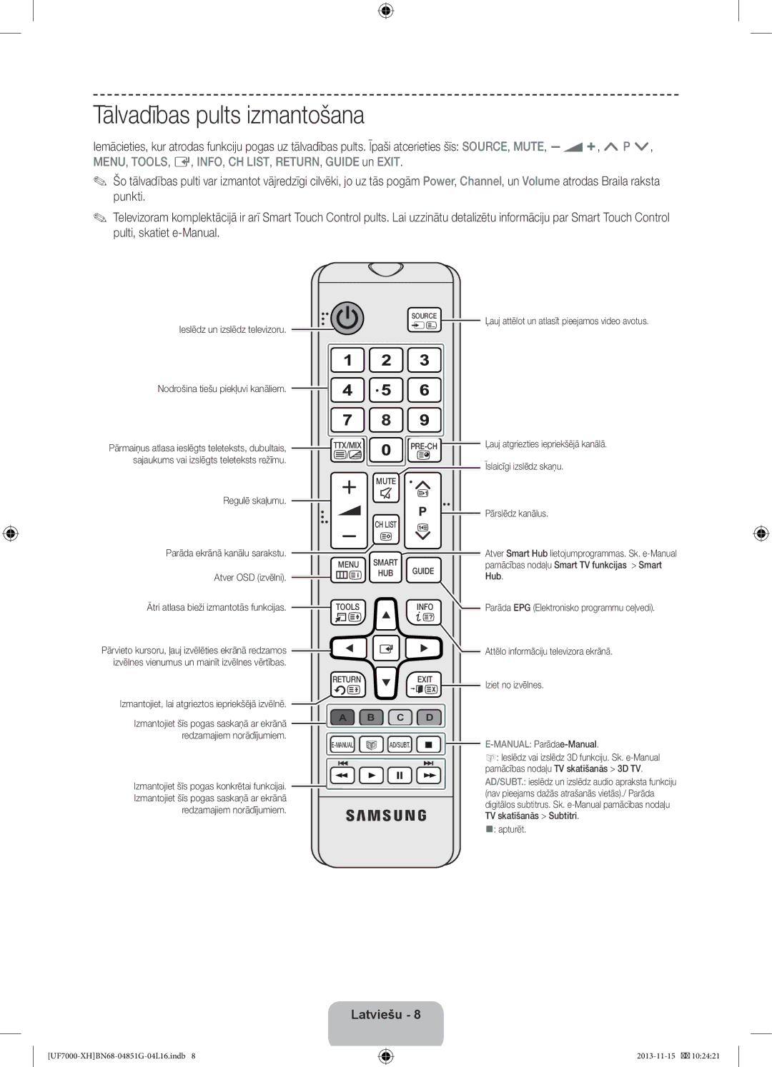 Samsung UE55F7000STXXU manual Tālvadības pults izmantošana, Parāda ekrānā kanālu sarakstu, Manual Parādae-Manual, Apturēt 