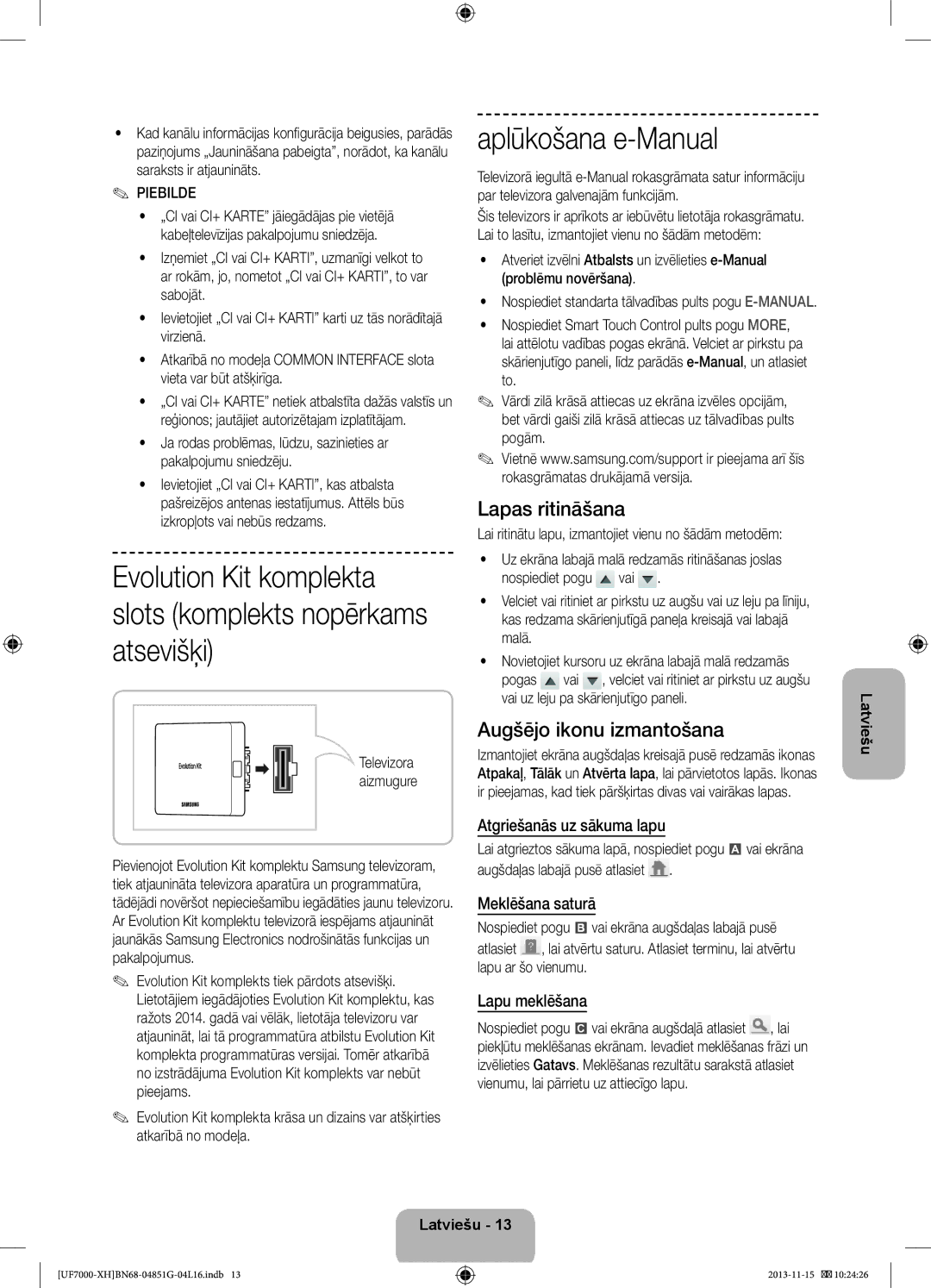 Samsung UE40F7000SLXXN, UE46F7000SLXXH, UE40F7000SLXXH Aplūkošana e-Manual, Lapas ritināšana, Augšējo ikonu izmantošana 