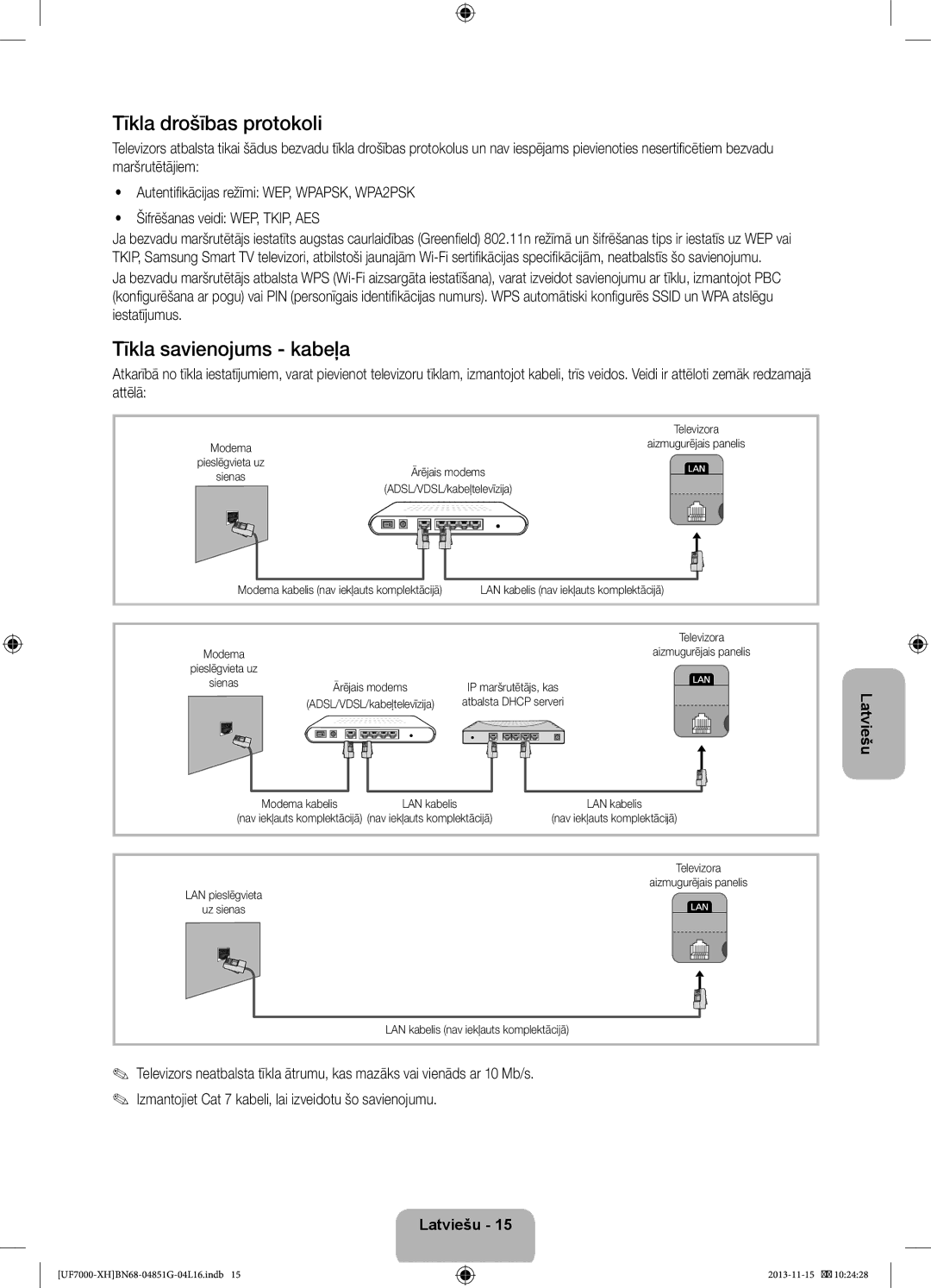 Samsung UE60F7000SLXZF manual Tīkla drošības protokoli, Tīkla savienojums kabeļa, Modema kabelis nav iekļauts komplektācijā 