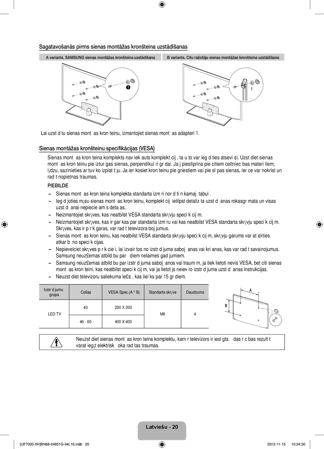 Samsung UE46F7000STXXH, UE46F7000SLXXH, UE40F7000SLXXH manual Sagatavošanās pirms sienas montāžas kronšteina uzstādīšanas 