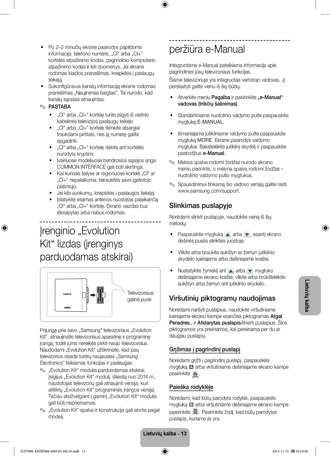 Samsung UE55F7000SLXZF manual Peržiūra e-Manual, Slinkimas puslapyje, Viršutinių piktogramų naudojimas, Paieška rodyklėje 