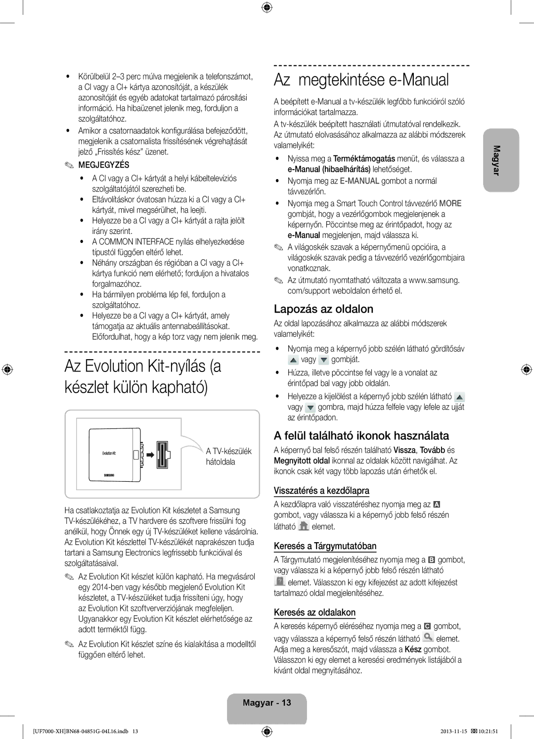 Samsung UE40F7000STXXU, UE46F7000SLXXH Az megtekintése e-Manual, Lapozás az oldalon, Felül található ikonok használata 