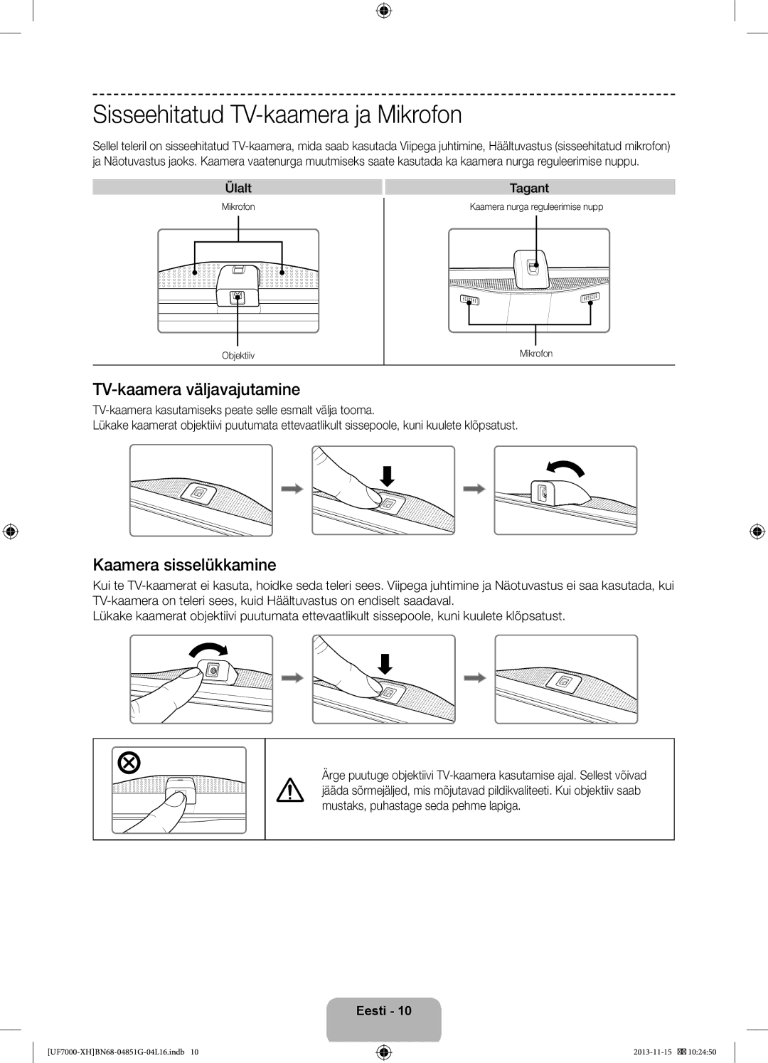 Samsung UE46F7000STXXH manual Sisseehitatud TV-kaamera ja Mikrofon, TV-kaamera väljavajutamine, Kaamera sisselükkamine 