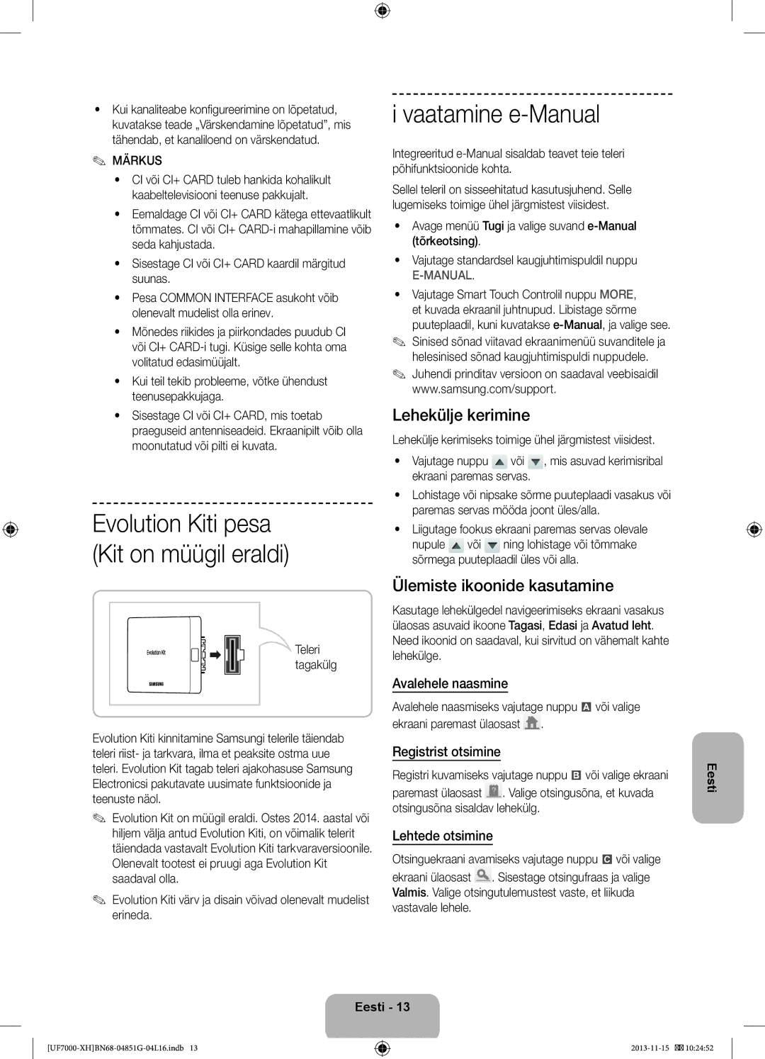 Samsung UE60F7000SLXXC, UE46F7000SLXXH, UE40F7000SLXXH Vaatamine e-Manual, Lehekülje kerimine, Ülemiste ikoonide kasutamine 