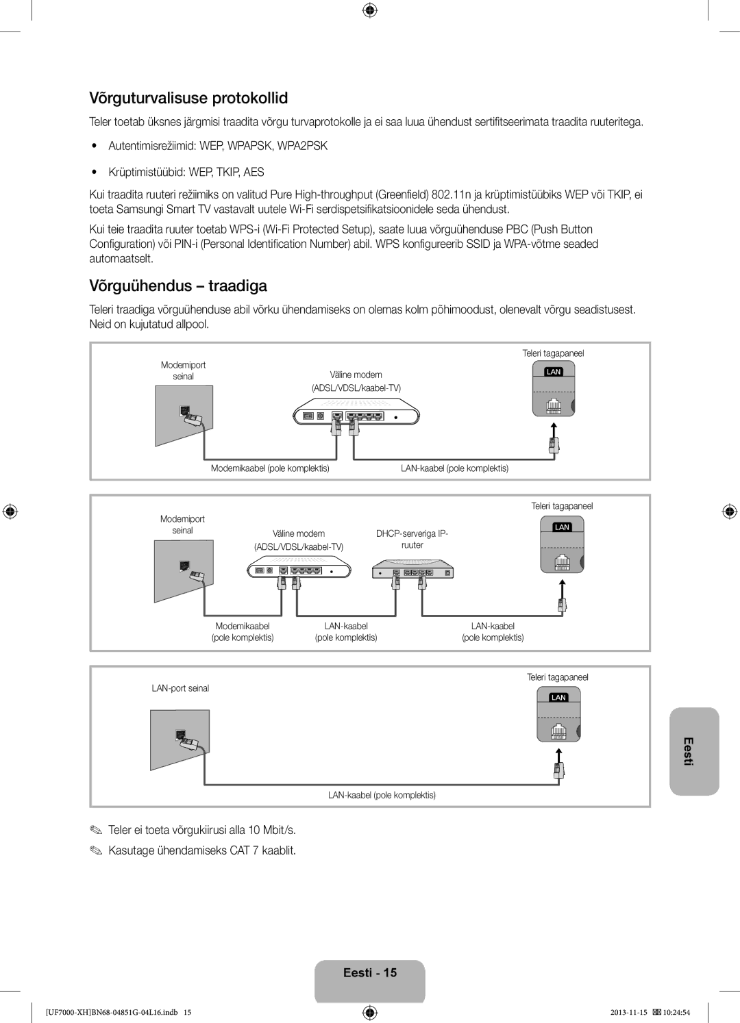 Samsung UE55F7000STXXH, UE46F7000SLXXH manual Võrguturvalisuse protokollid, Võrguühendus traadiga, Teleri tagapaneel 