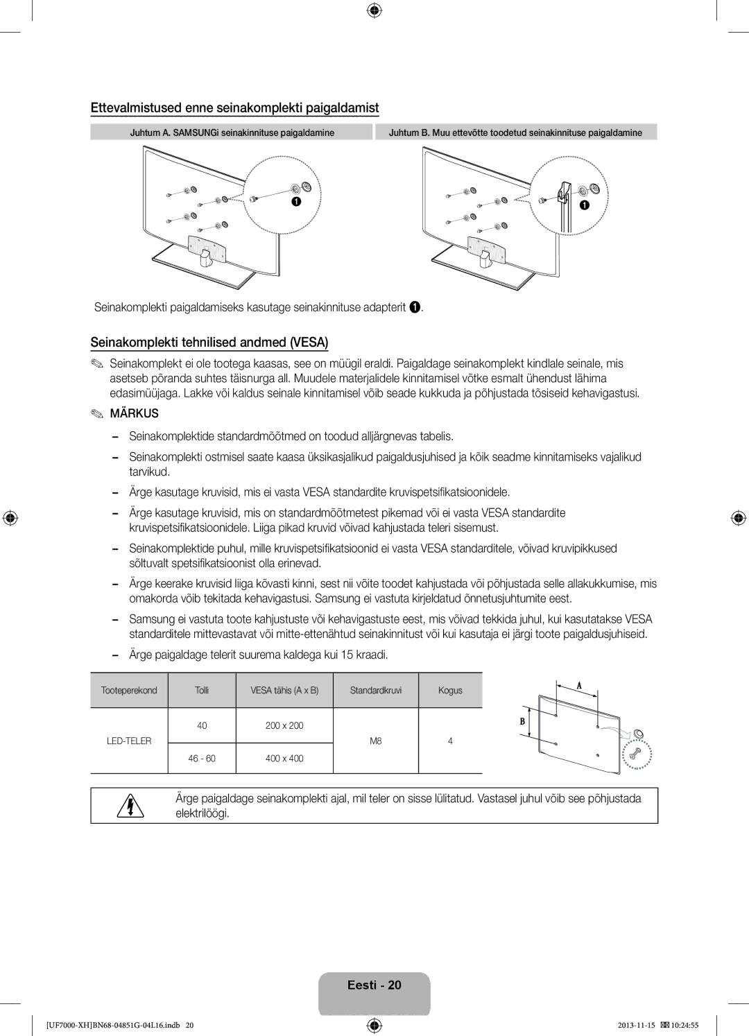 Samsung UE46F7000SLXXH manual Ettevalmistused enne seinakomplekti paigaldamist, Seinakomplekti tehnilised andmed Vesa 