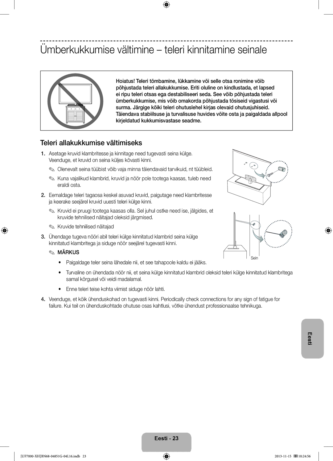 Samsung UE55F7000SLXXH manual Ümberkukkumise vältimine teleri kinnitamine seinale, Teleri allakukkumise vältimiseks, Sein 