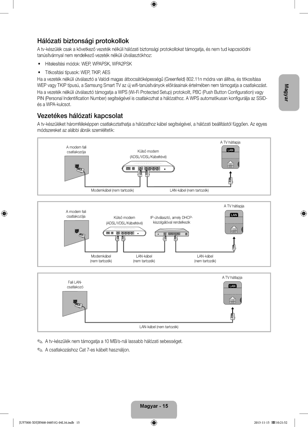 Samsung UE40F7000SLXXH, UE46F7000SLXXH, UE40F7000SLXXN manual Hálózati biztonsági protokollok, Vezetékes hálózati kapcsolat 