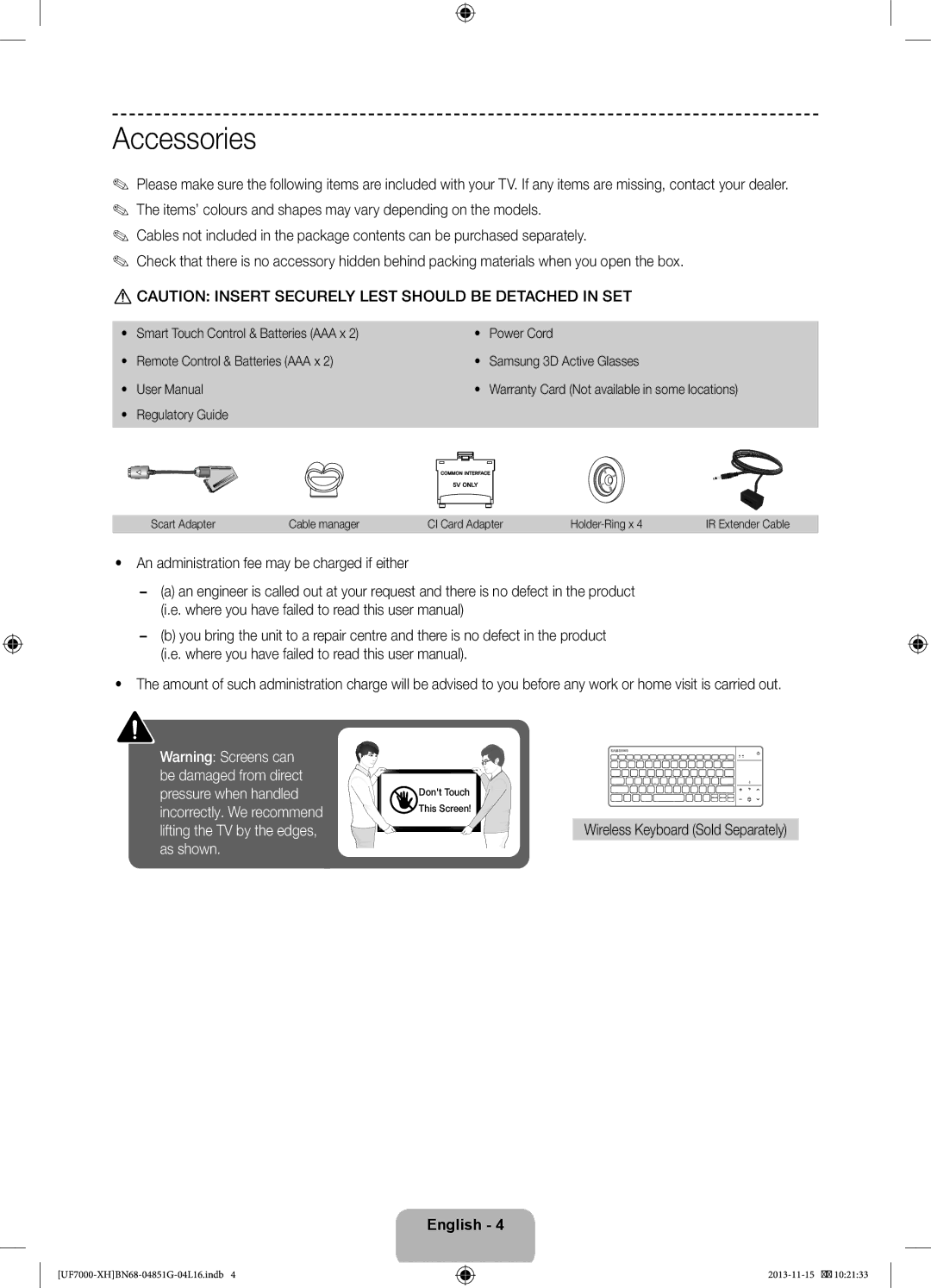 Samsung UE60F7000SLXZF, UE46F7000SLXXH, UE40F7000SLXXH, UE40F7000SLXXN manual Accessories, Wireless Keyboard Sold Separately 