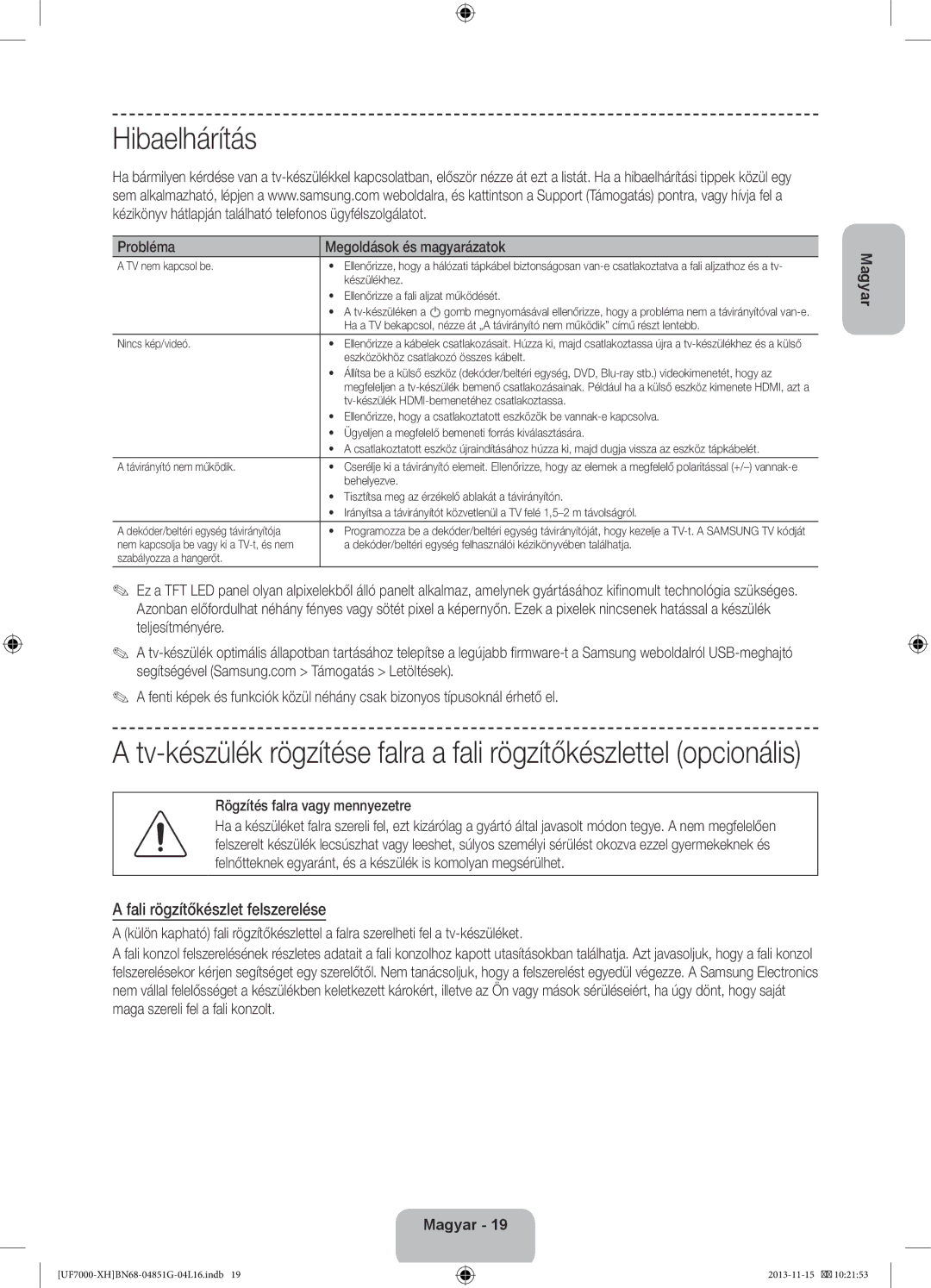 Samsung UE40F7000SLXZF manual Hibaelhárítás, Fali rögzítőkészlet felszerelése, Probléma Megoldások és magyarázatok 