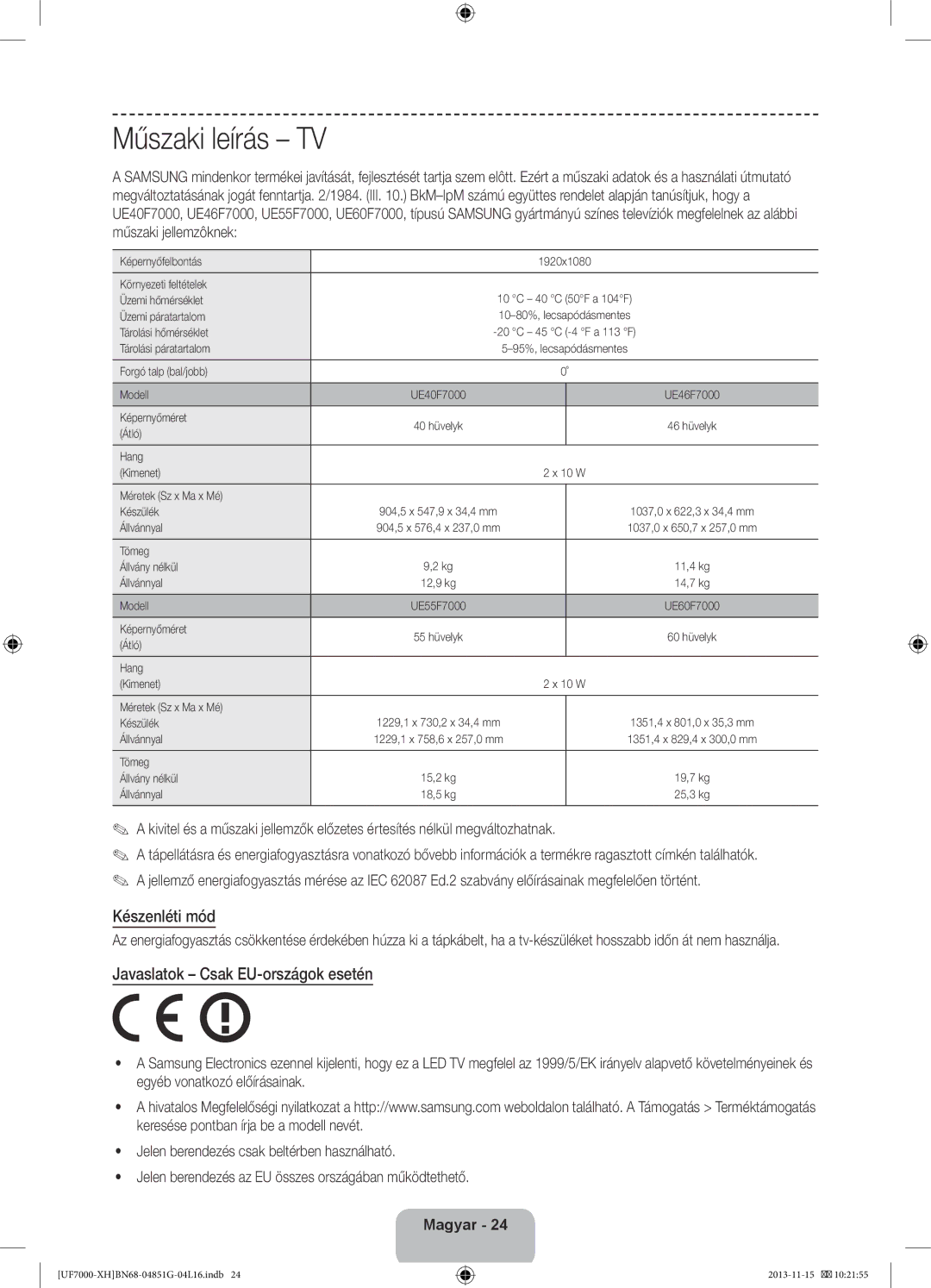 Samsung UE40F7000SLXXC, UE46F7000SLXXH, UE40F7000SLXXH, UE40F7000SLXXN, UE55F7000SLXXH manual Műszaki leírás TV, Készenléti mód 