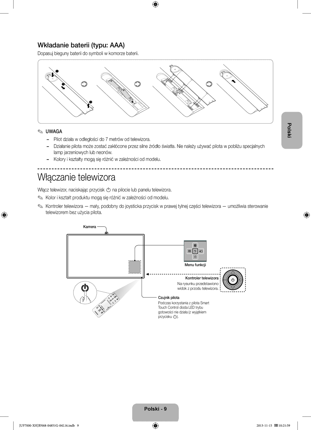 Samsung UE46F7000SLXXH, UE40F7000SLXXH, UE40F7000SLXXN manual Włączanie telewizora, Wkładanie baterii typu AAA, Uwaga 