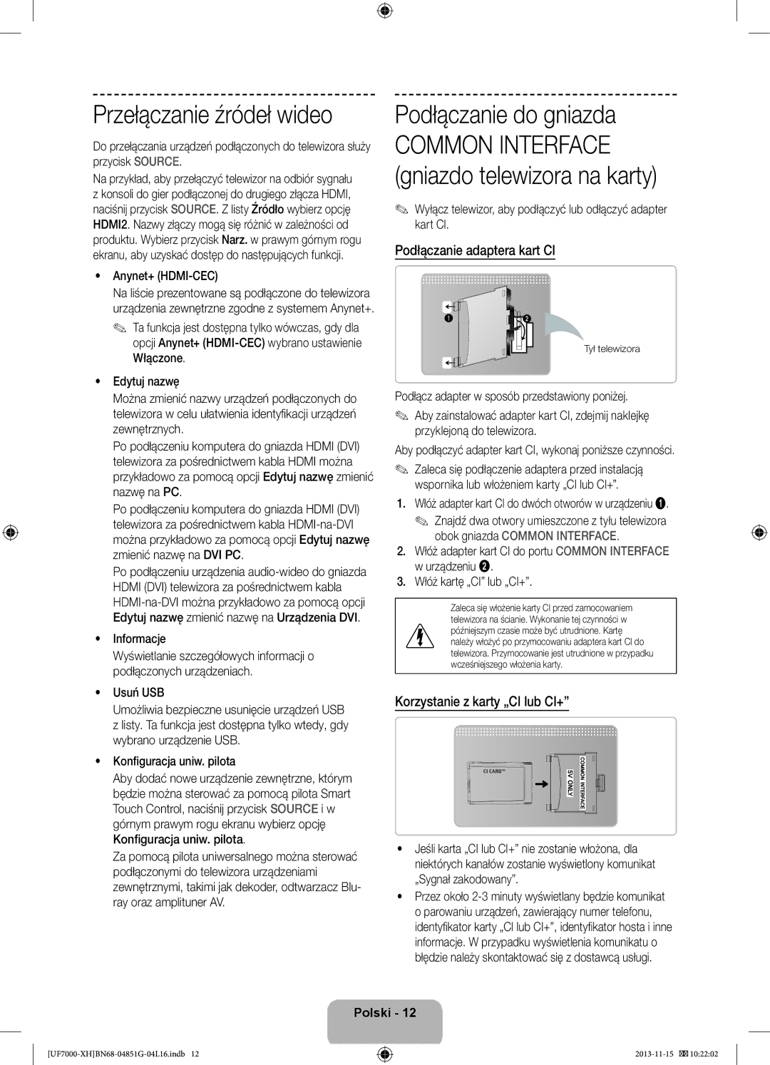 Samsung UE55F7000SLXXH, UE46F7000SLXXH Przełączanie źródeł wideo, Podłączanie do gniazda, Podłączanie adaptera kart CI 