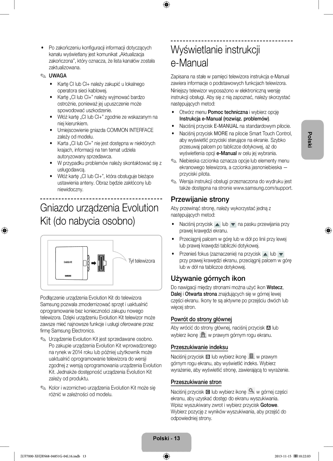 Samsung UE60F7000SLXZF manual Przewijanie strony, Używanie górnych ikon, Powrót do strony głównej, Przeszukiwanie indeksu 