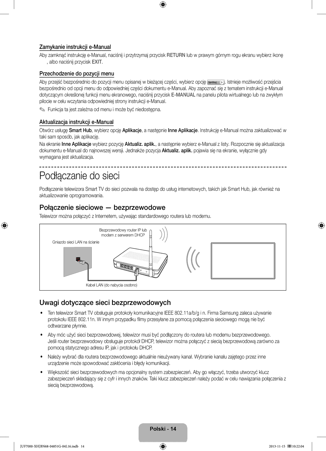 Samsung UE40F7000SLXZF Podłączanie do sieci, Połączenie sieciowe bezprzewodowe, Uwagi dotyczące sieci bezprzewodowych 