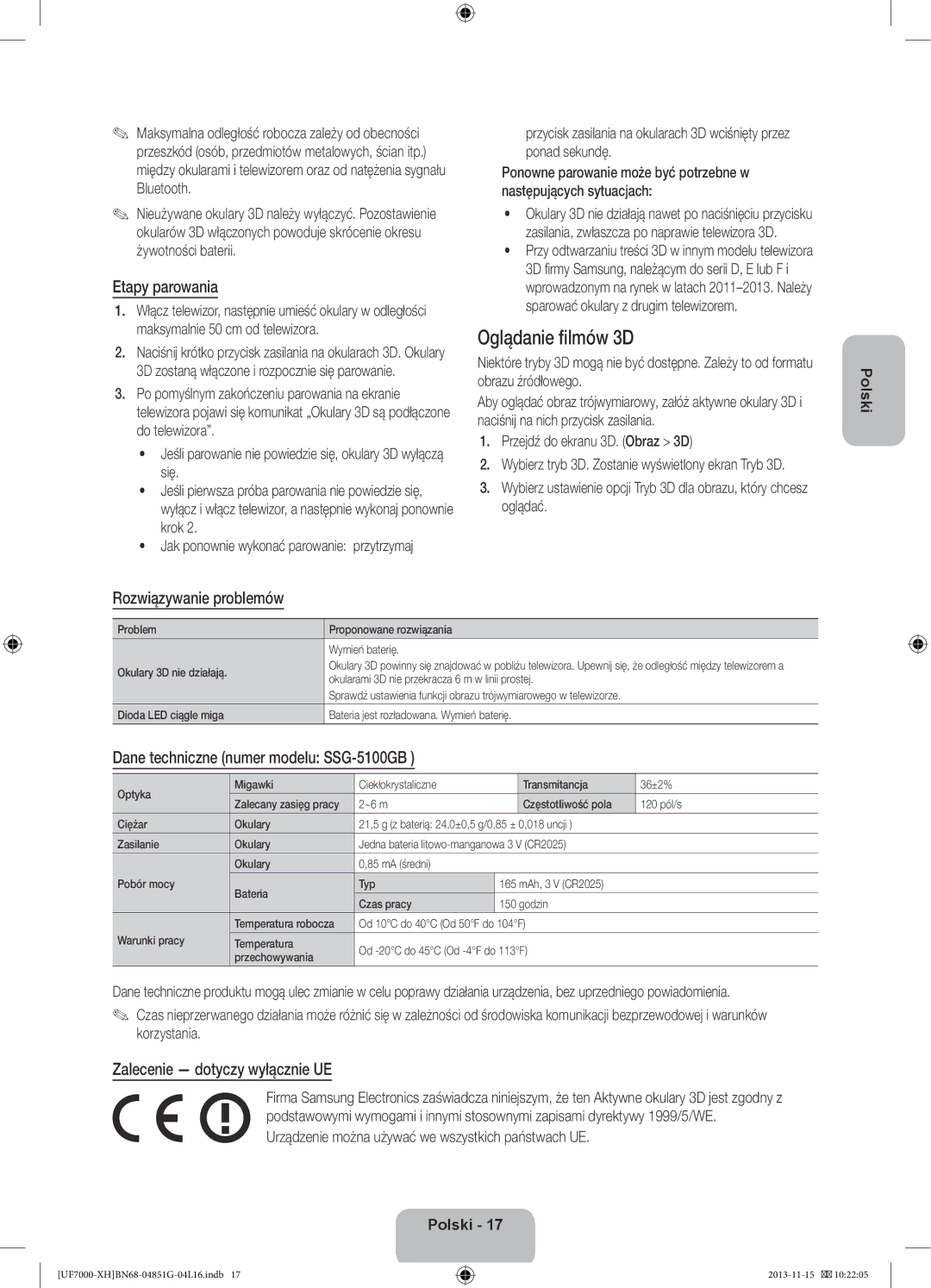 Samsung UE55F7000SLXXC manual Oglądanie filmów 3D, Etapy parowania, Rozwiązywanie problemów, Zalecenie dotyczy wyłącznie UE 