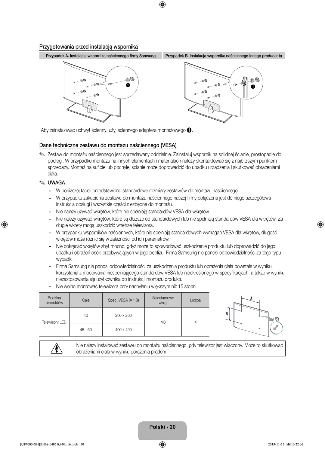 Samsung UE46F7000SLXXC manual Przygotowania przed instalacją wspornika, Dane techniczne zestawu do montażu naściennego Vesa 