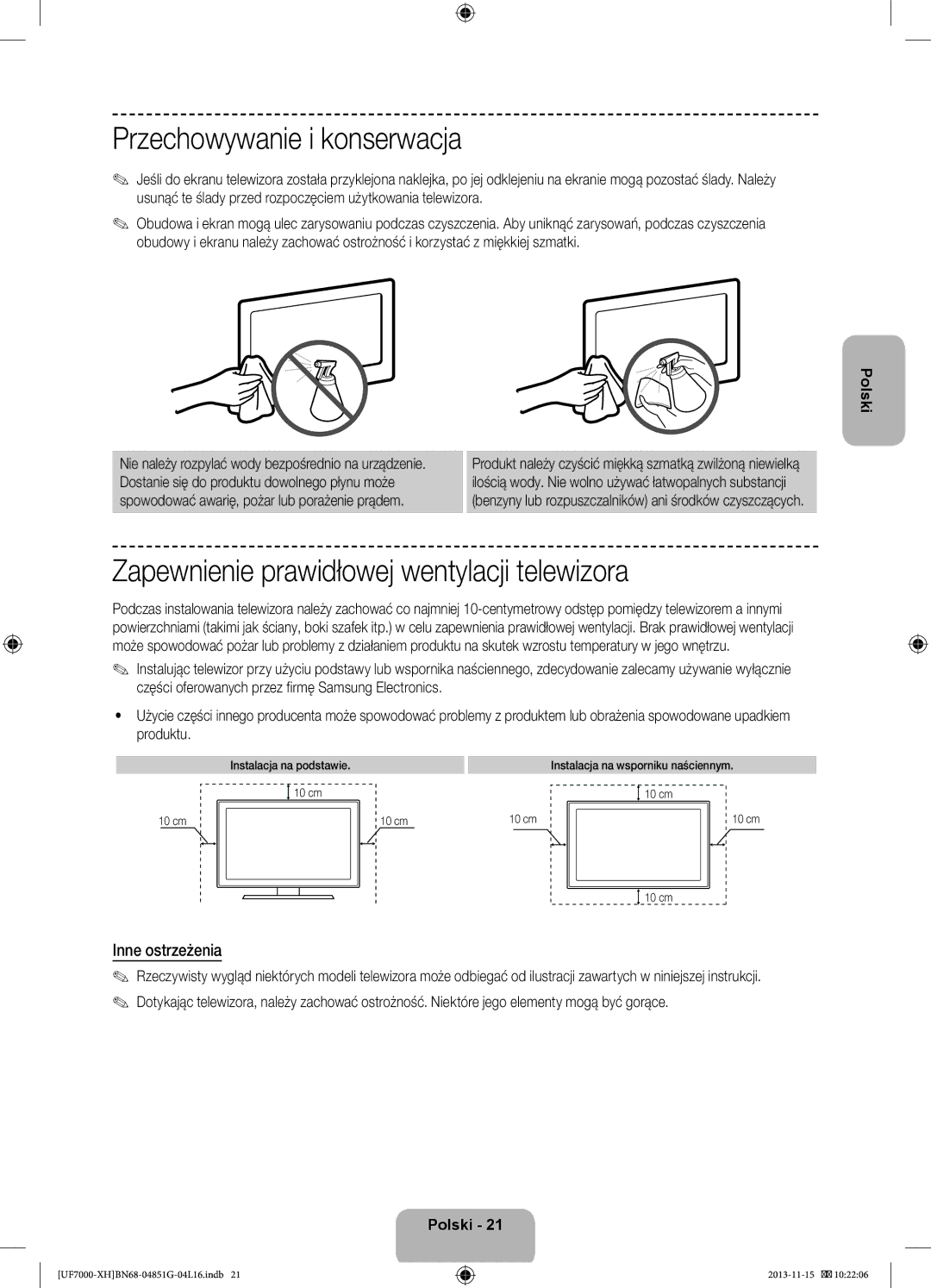 Samsung UE60F7000SLXXC manual Przechowywanie i konserwacja, Zapewnienie prawidłowej wentylacji telewizora, Inne ostrzeżenia 