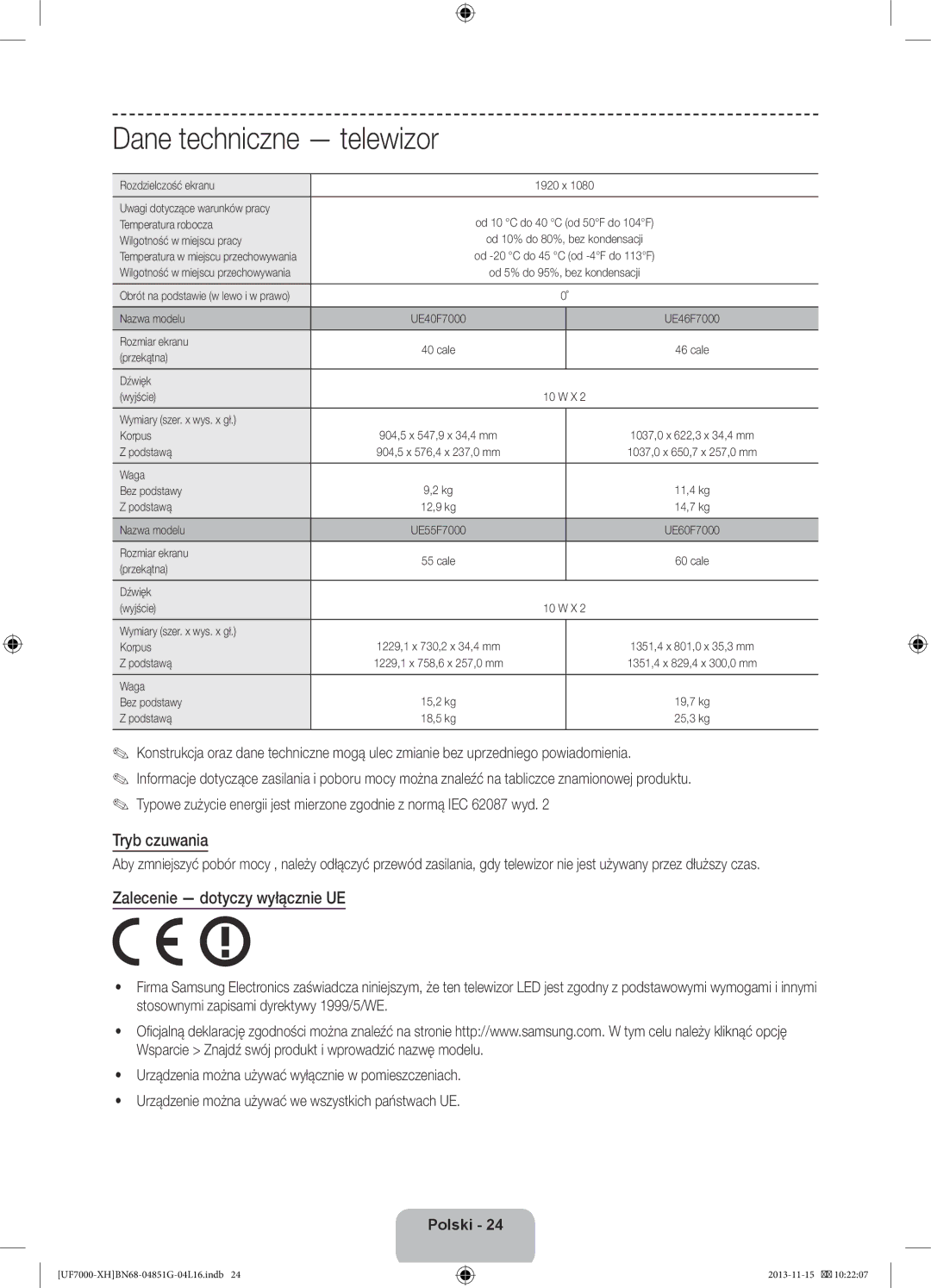 Samsung UE46F7000STXXU, UE46F7000SLXXH, UE40F7000SLXXH, UE40F7000SLXXN manual Dane techniczne telewizor, Tryb czuwania 