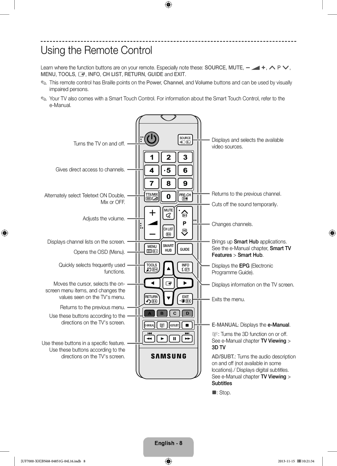 Samsung UE55F7000SLXXC, UE46F7000SLXXH, UE40F7000SLXXH, UE40F7000SLXXN, UE55F7000SLXXH manual Using the Remote Control 