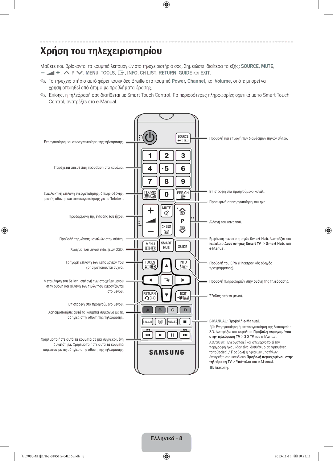 Samsung UE60F7000SLXZF, UE46F7000SLXXH, UE40F7000SLXXH, UE40F7000SLXXN, UE55F7000SLXXH manual Χρήση του τηλεχειριστηρίου 