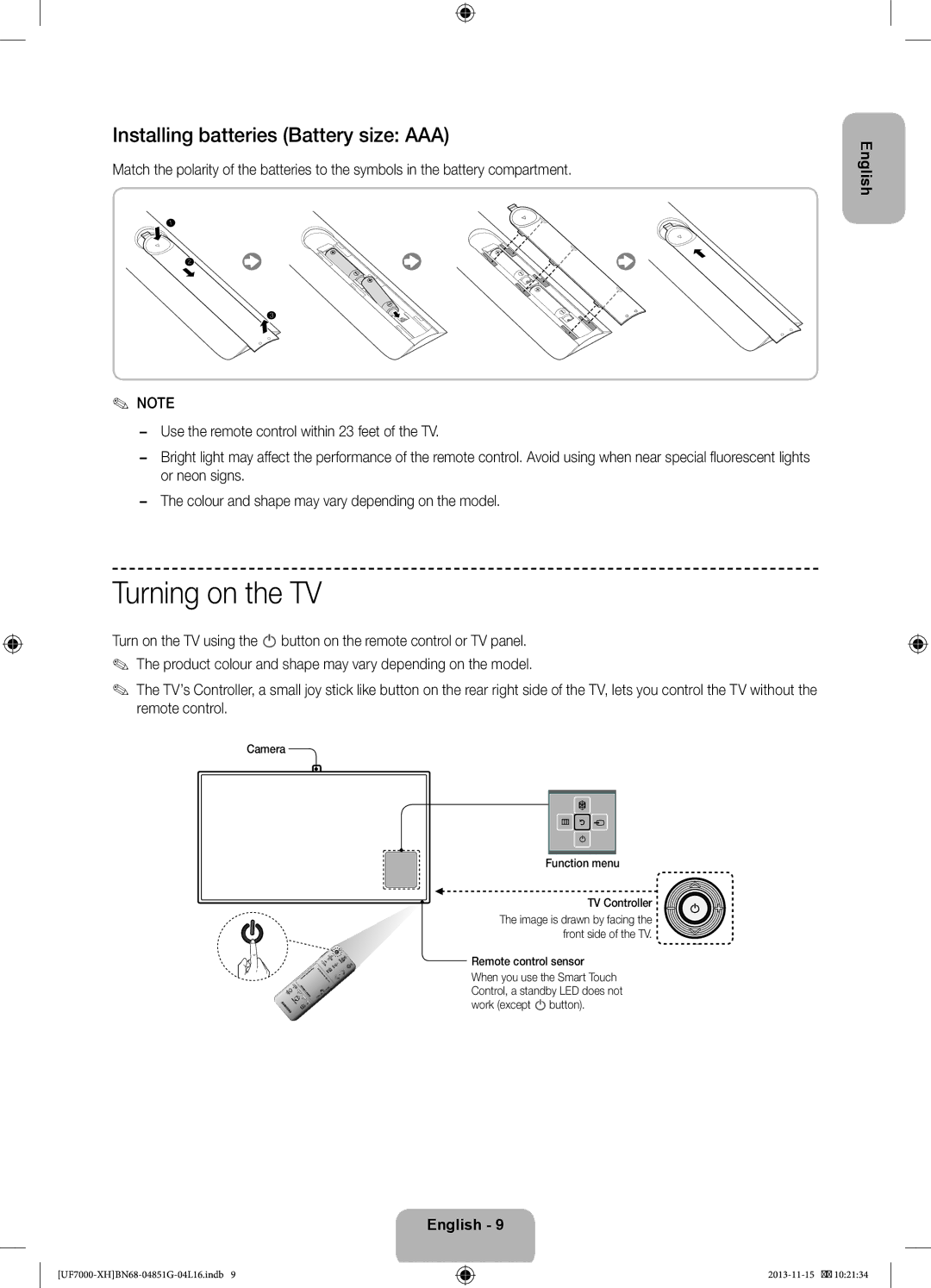 Samsung UE46F7000STXXH manual Turning on the TV, Installing batteries Battery size AAA, Camera Function menu TV Controller 