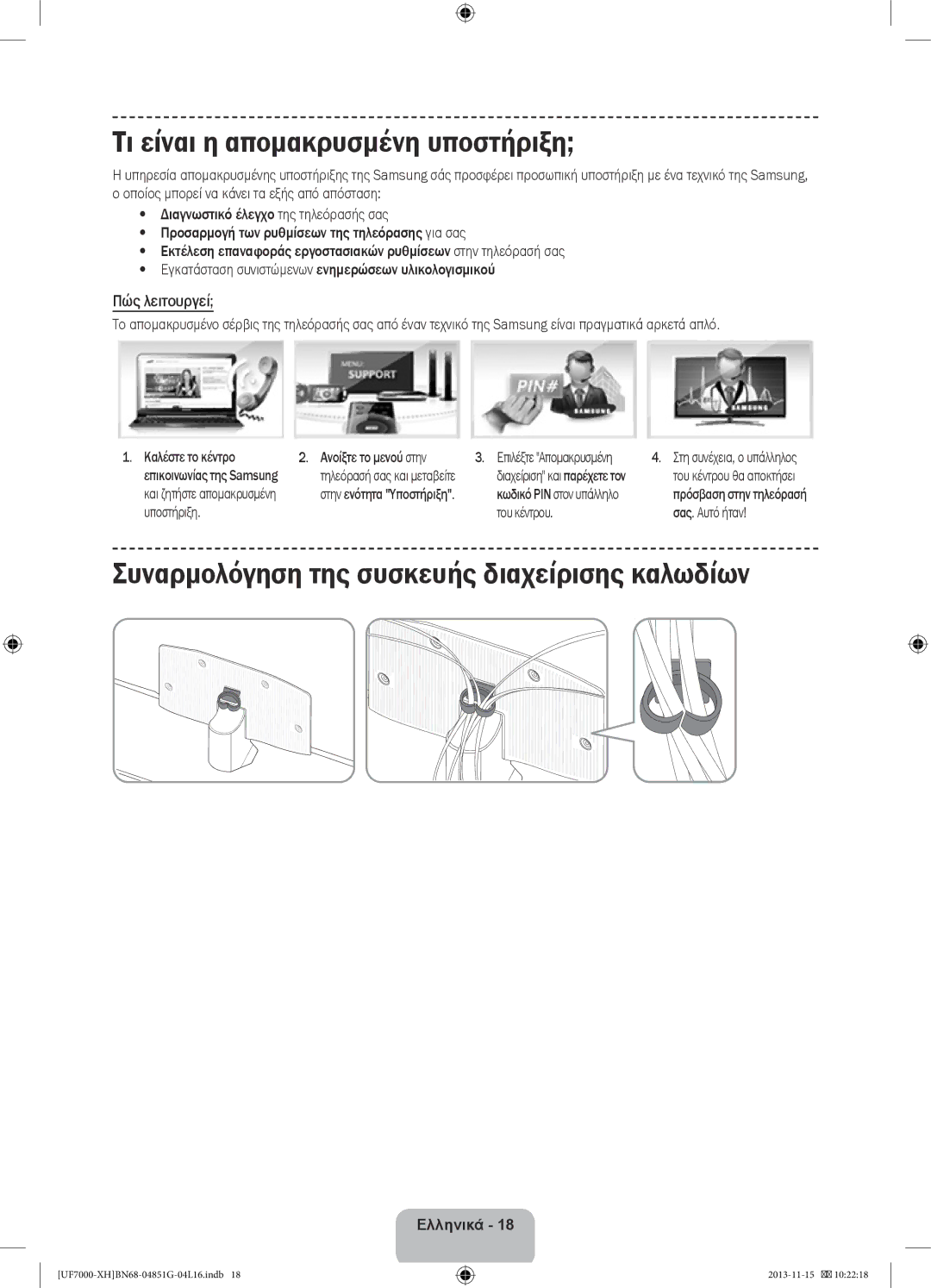 Samsung UE55F7000STXXH manual Τι είναι η απομακρυσμένη υποστήριξη, Συναρμολόγηση της συσκευής διαχείρισης καλωδίων 