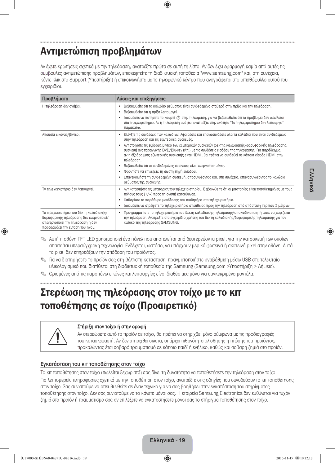 Samsung UE46F7000STXXU, UE46F7000SLXXH, UE40F7000SLXXH Αντιμετώπιση προβλημάτων, Εγκατάσταση του κιτ τοποθέτησης στον τοίχο 