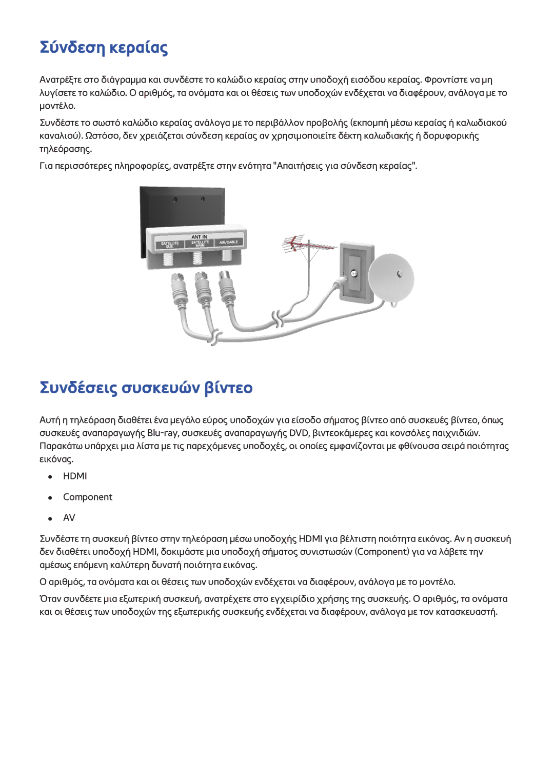 Samsung UE75F8000SLXXH, UE46F7000SLXXH, UE55F8000SLXTK, UE65F8000SLXXH manual Σύνδεση κεραίας, Συνδέσεις συσκευών βίντεο 