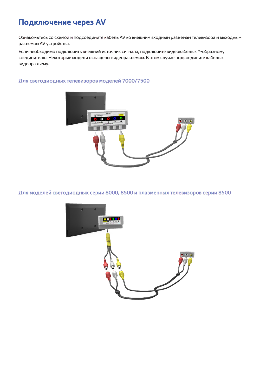 Samsung UE85S9ATXRU, UE46F7000STXXH, UE46F8000STXXH, UE40F8000STXXH, UE55F8500STXXH, UE55F9000STXXH manual Подключение через AV 