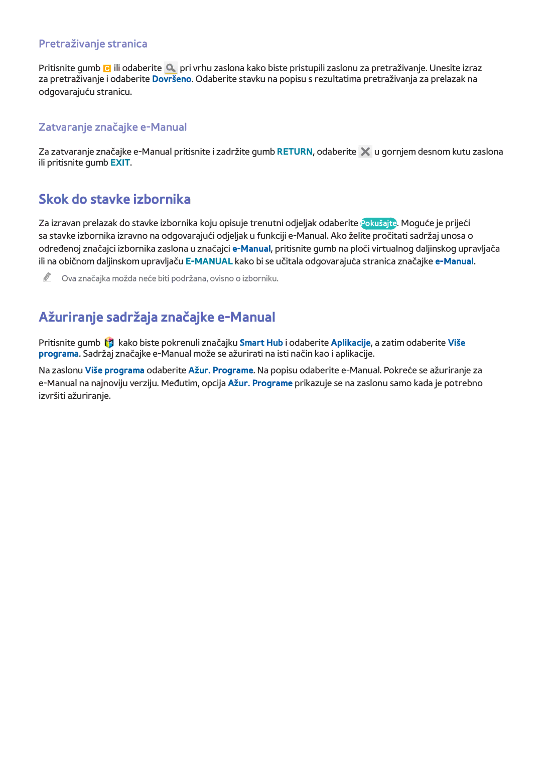 Samsung UE55F7000STXXH manual Skok do stavke izbornika, Ažuriranje sadržaja značajke e-Manual, Pretraživanje stranica 