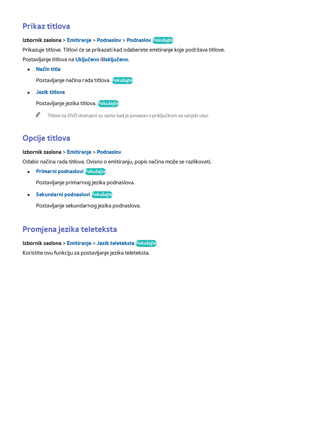 Samsung UE40F7000STXXH, UE46F7000STXXH, UE46F8000STXXH manual Prikaz titlova, Opcije titlova, Promjena jezika teleteksta 