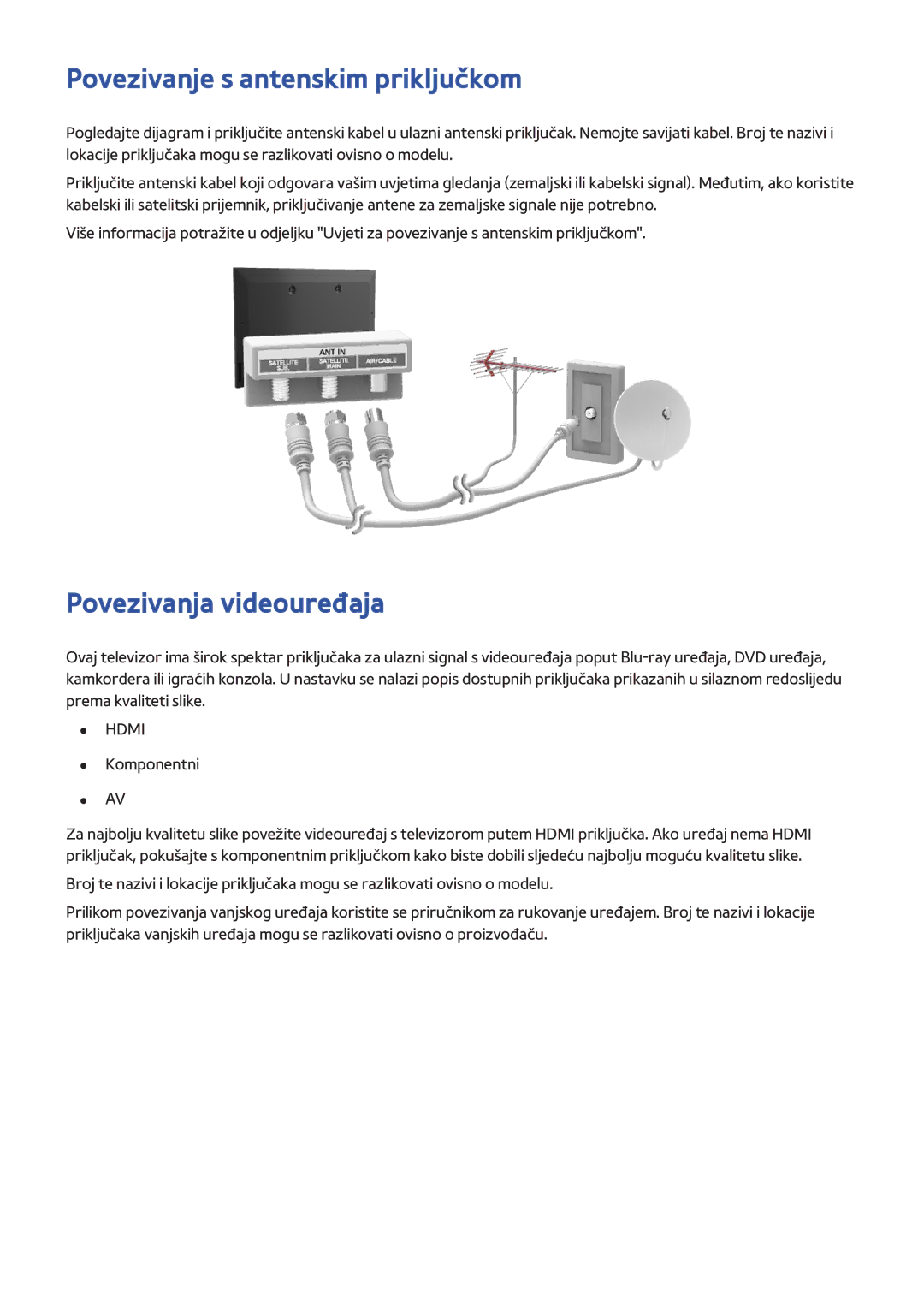 Samsung UE46F8500STXXH, UE46F7000STXXH, UE46F8000STXXH manual Povezivanje s antenskim priključkom, Povezivanja videouređaja 