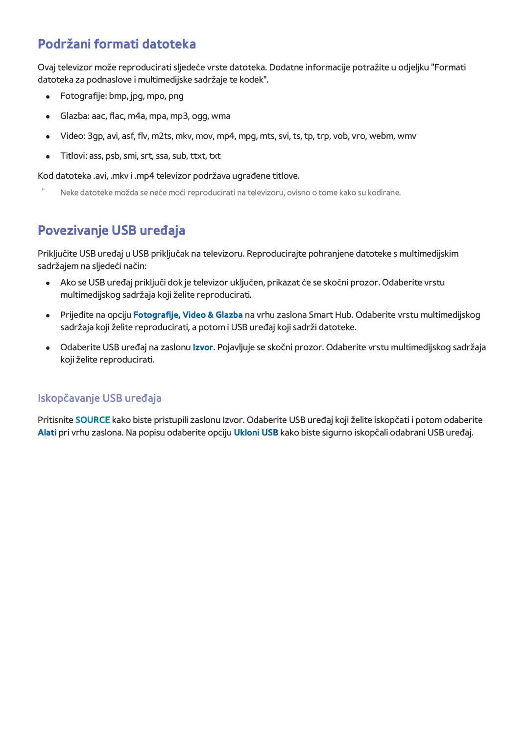 Samsung UE55F9000STXXH, UE46F7000STXXH manual Podržani formati datoteka, Povezivanje USB uređaja, Iskopčavanje USB uređaja 