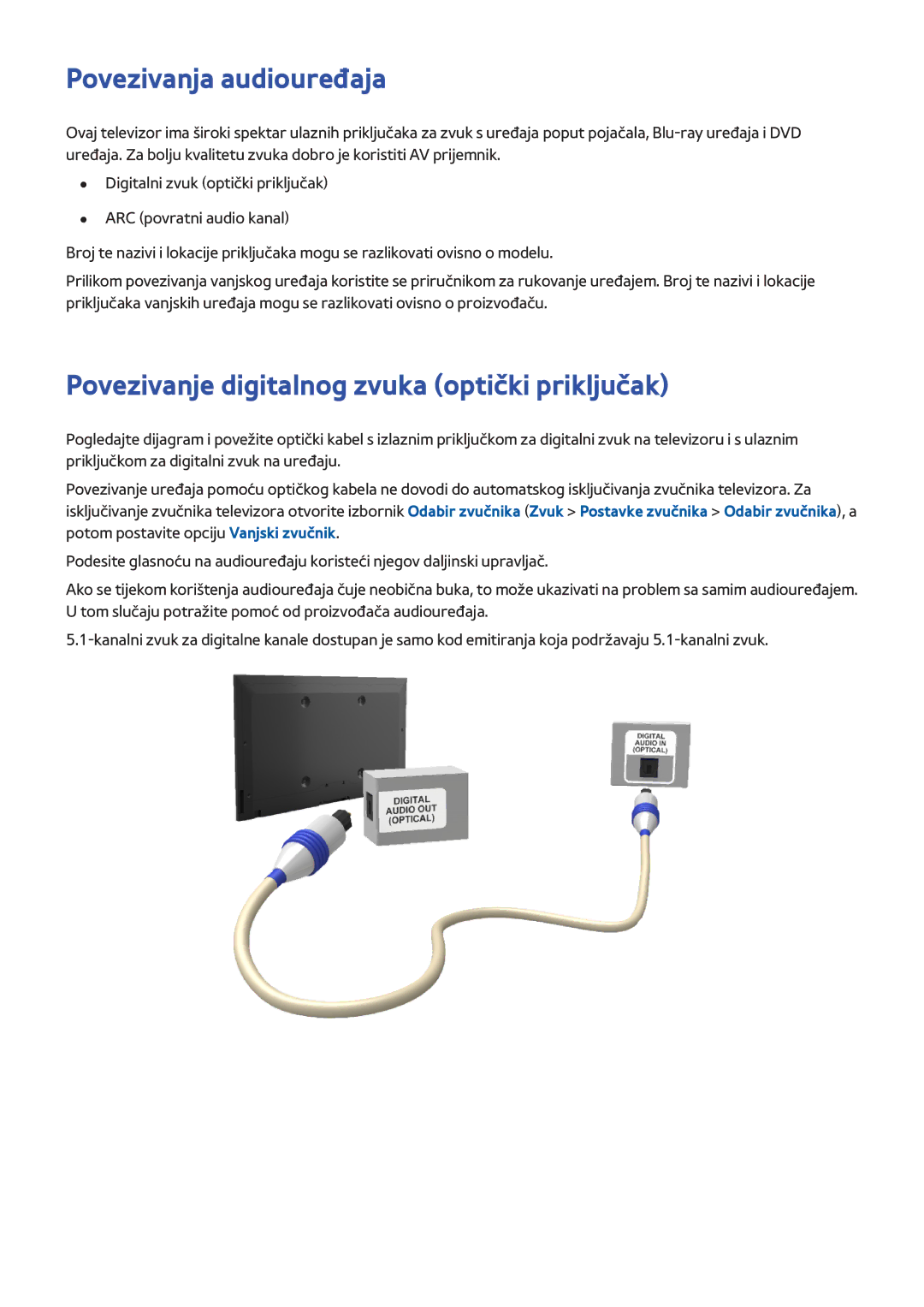 Samsung UE55F8500STXXH, UE46F7000STXXH manual Povezivanja audiouređaja, Povezivanje digitalnog zvuka optički priključak 