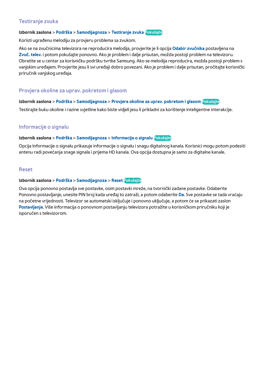 Samsung UE65F9000STXXH manual Testiranje zvuka, Provjera okoline za uprav. pokretom i glasom, Informacije o signalu, Reset 
