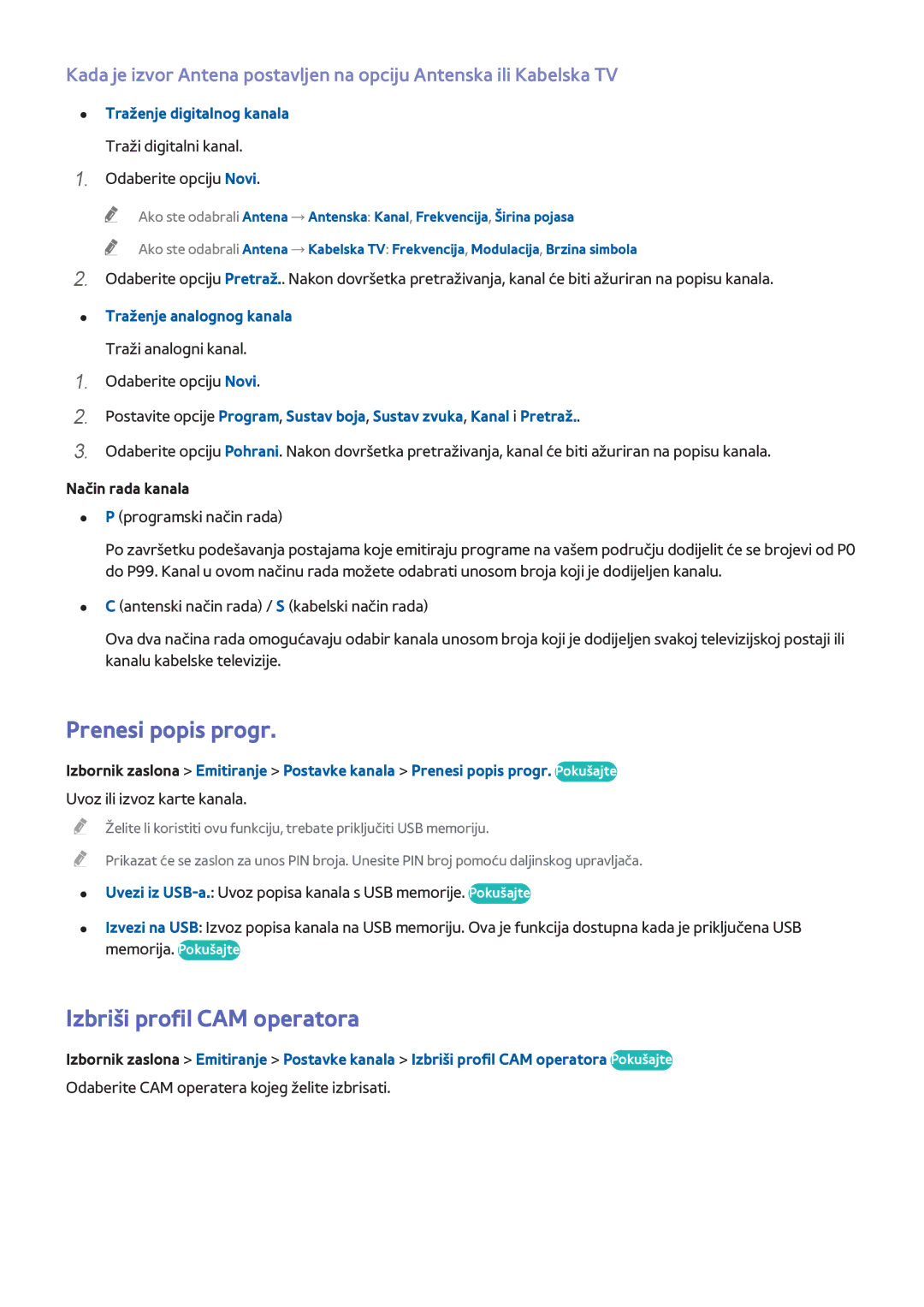 Samsung UE85S9STXXH manual Prenesi popis progr, Izbriši profil CAM operatora, Traženje digitalnog kanala, Način rada kanala 