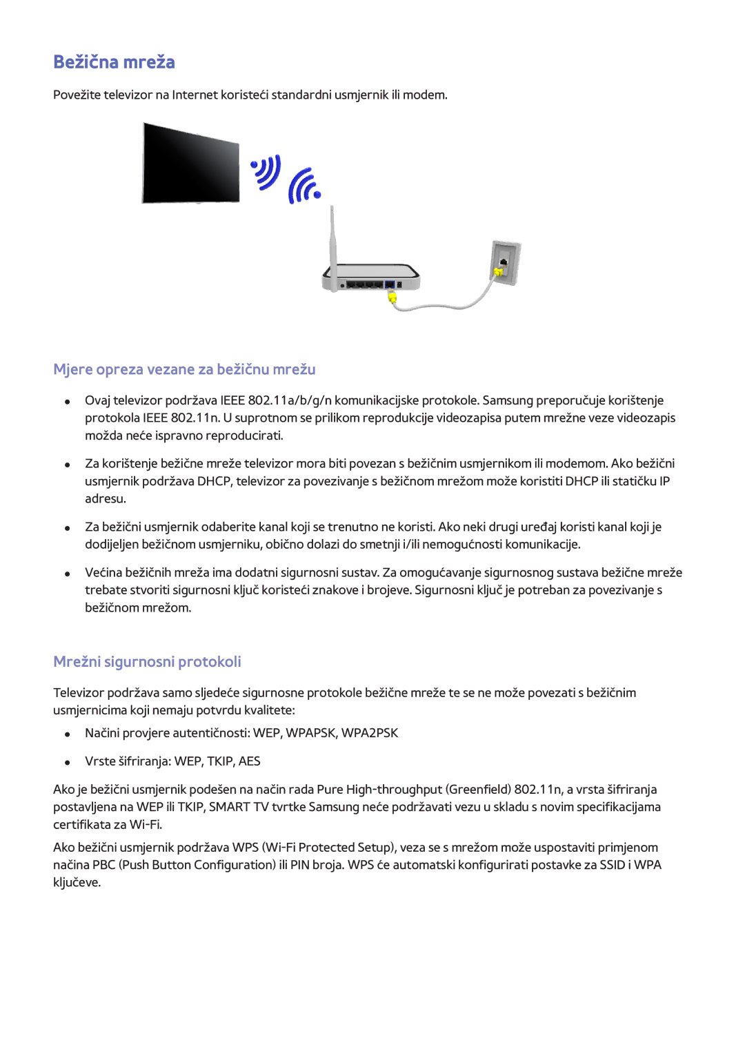 Samsung UE46F8500STXXH, UE46F7000STXXH Bežična mreža, Mjere opreza vezane za bežičnu mrežu, Mrežni sigurnosni protokoli 