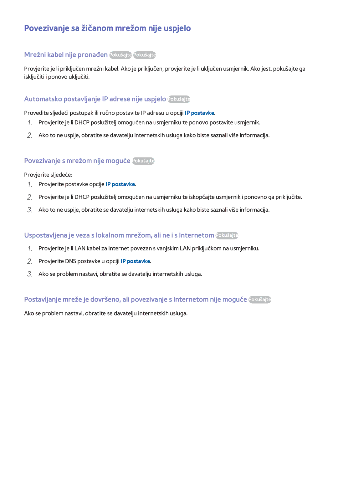 Samsung UE40F8000STXXH manual Povezivanje sa žičanom mrežom nije uspjelo, Mrežni kabel nije pronađen Pokušajte Pokušajte 