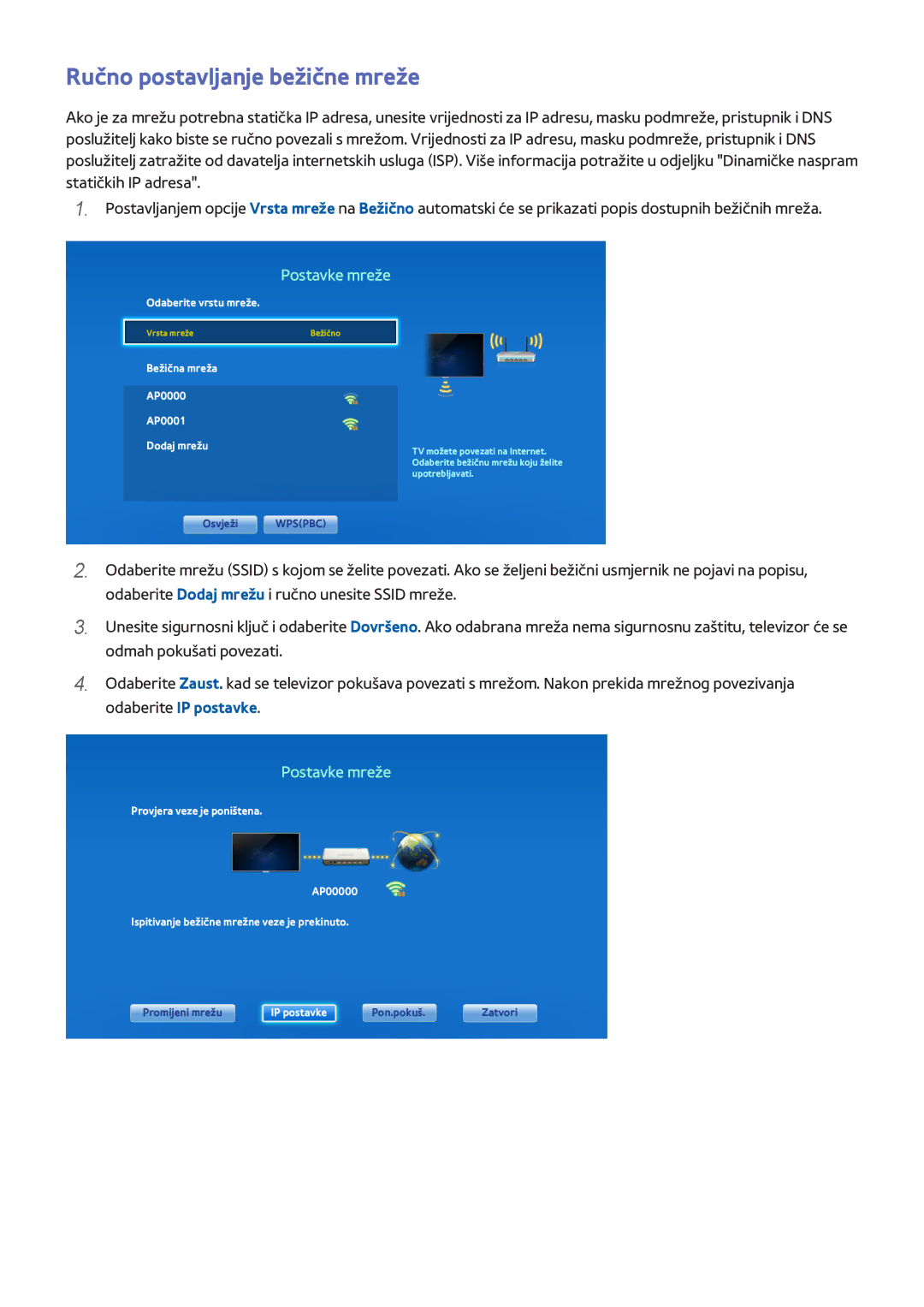 Samsung UE55F9000STXXH, UE46F7000STXXH manual Ručno postavljanje bežične mreže, Bežična mreža AP0000 AP0001 Dodaj mrežu 