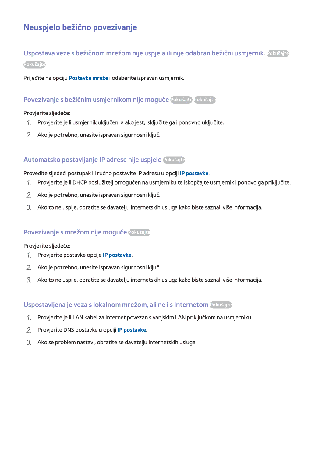 Samsung UE65F8000STXXH manual Neuspjelo bežično povezivanje, Automatsko postavljanje IP adrese nije uspjelo Pokušajte 