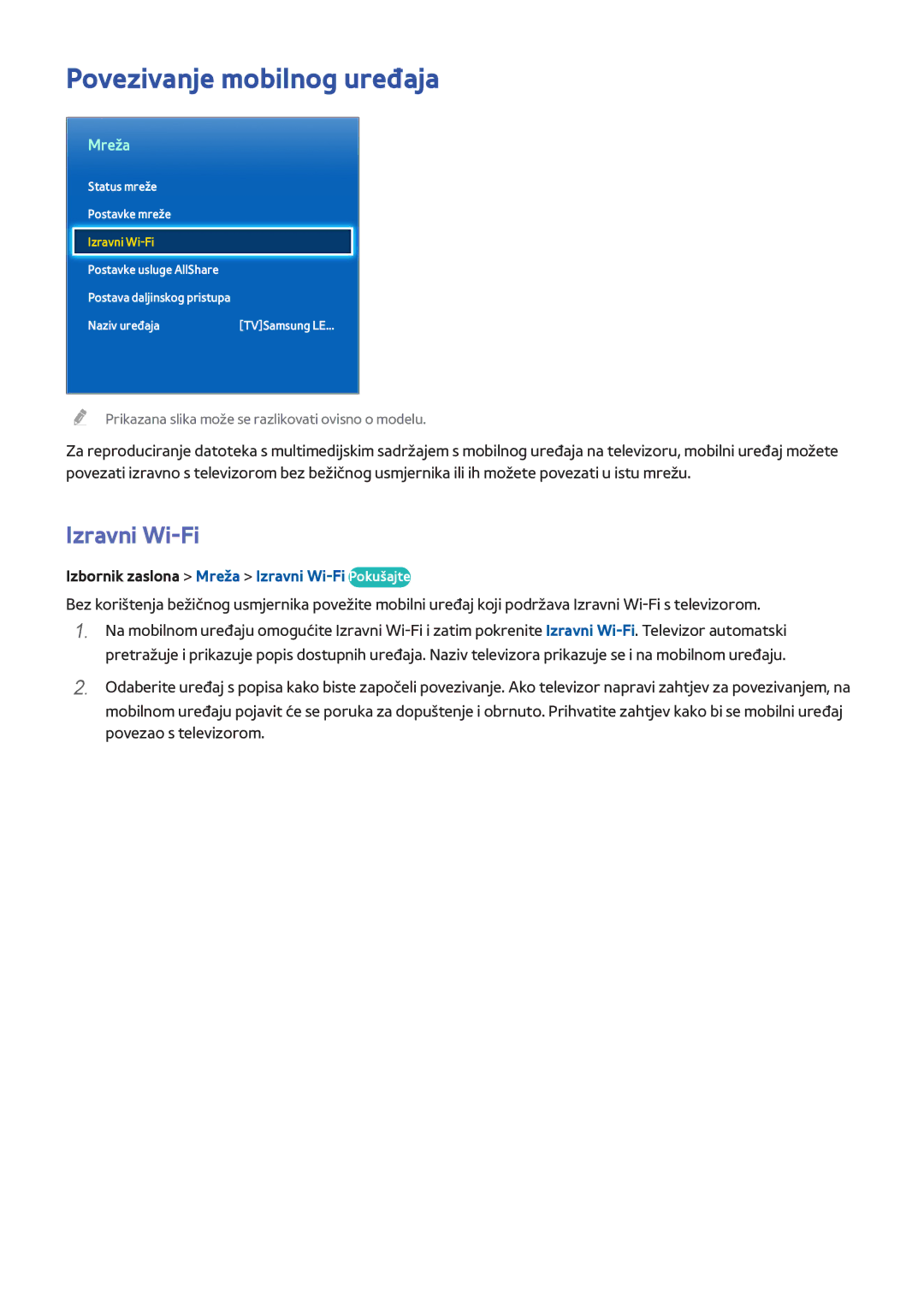 Samsung UE65F9000STXXH, UE46F7000STXXH Povezivanje mobilnog uređaja, Izbornik zaslona Mreža Izravni Wi-Fi Pokušajte 