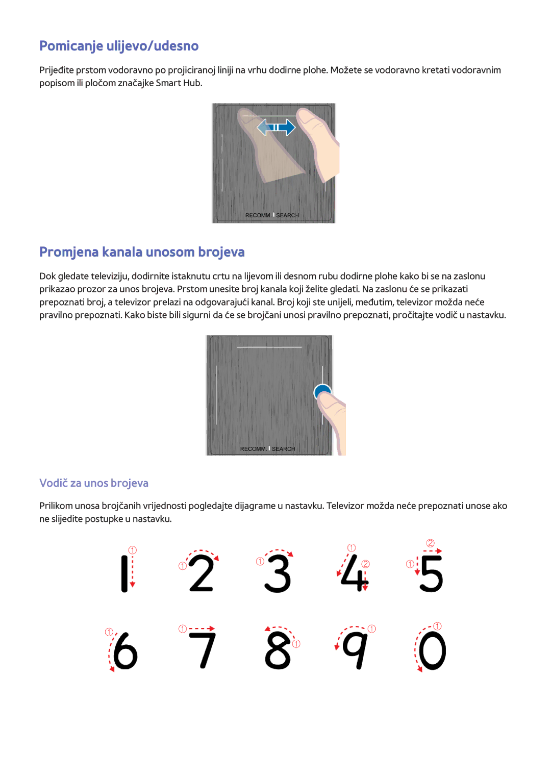 Samsung UE55F8000STXXH, UE46F7000STXXH Pomicanje ulijevo/udesno, Promjena kanala unosom brojeva, Vodič za unos brojeva 