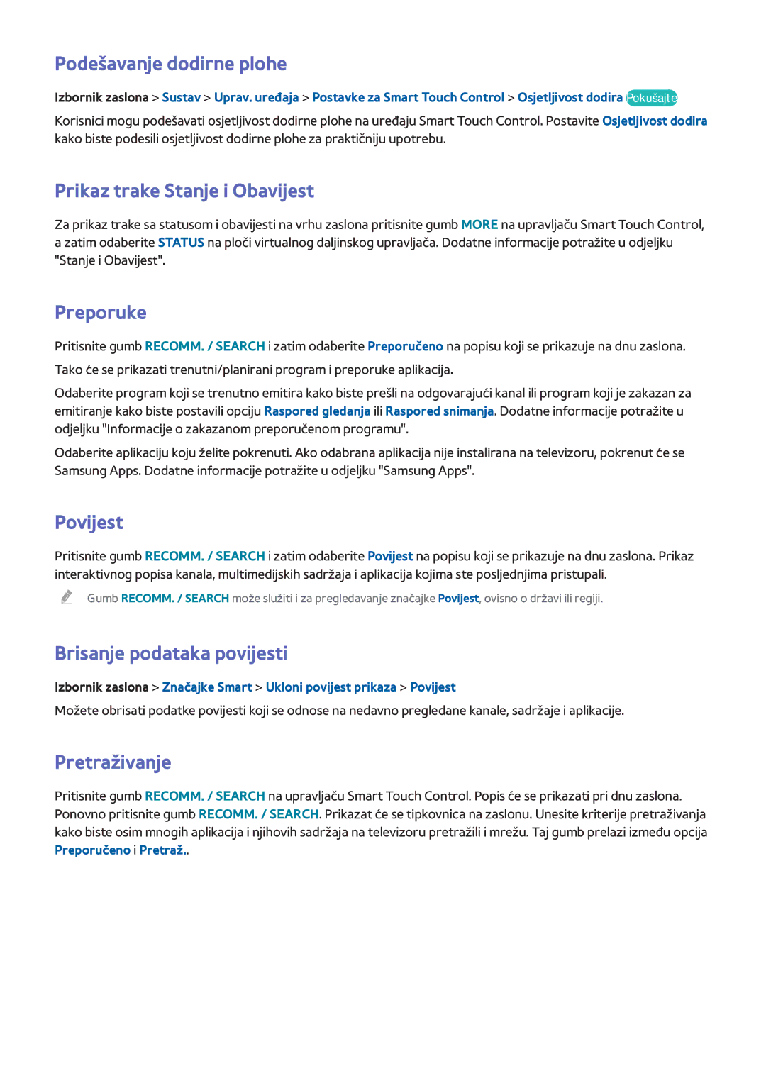 Samsung UE65F8000STXXH Podešavanje dodirne plohe, Prikaz trake Stanje i Obavijest, Preporuke, Povijest, Pretraživanje 