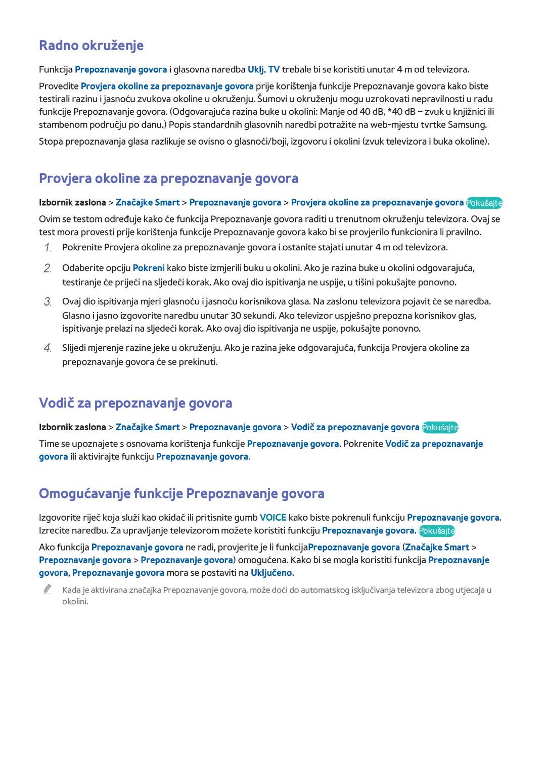 Samsung UE40F8000STXXH manual Radno okruženje, Provjera okoline za prepoznavanje govora, Vodič za prepoznavanje govora 