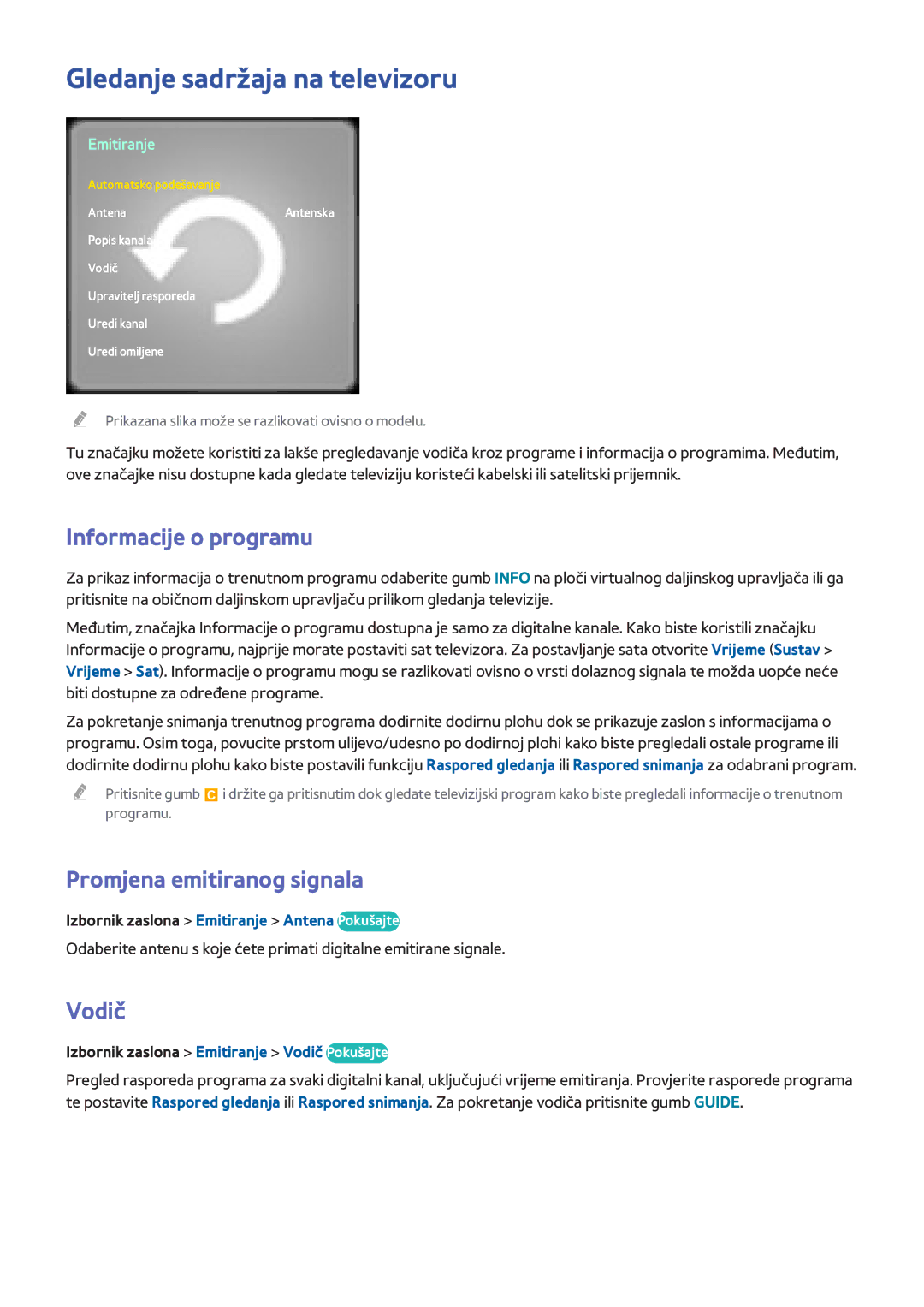 Samsung UE55F8500STXXH manual Gledanje sadržaja na televizoru, Informacije o programu, Promjena emitiranog signala, Vodič 